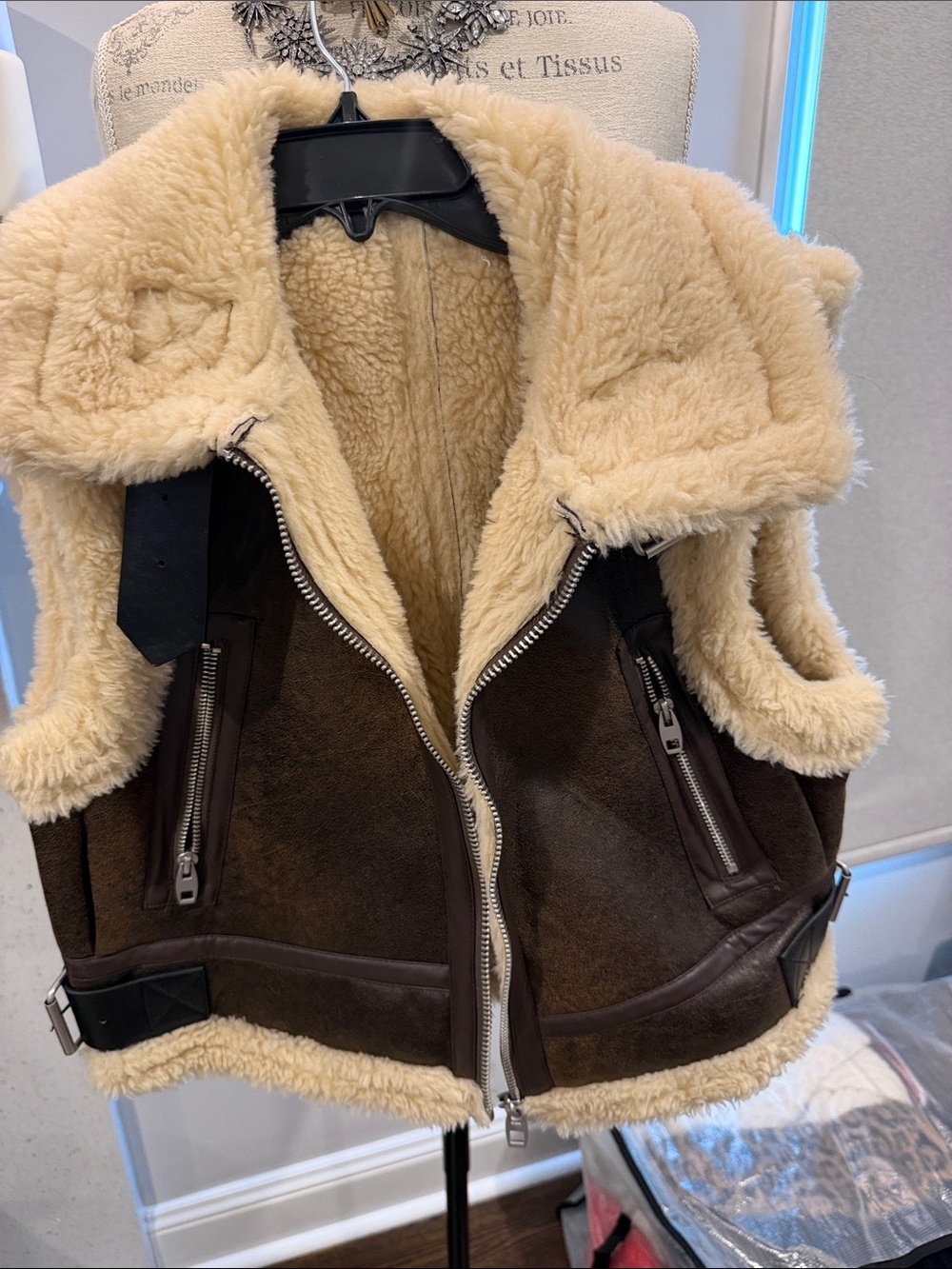 Zara Brown Suede & Cream Faux Shearling Vest